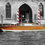 Vintage Runabout Boat And Striped Venetian Mooring Poles Grand Canal Venice Italy Color Splash Art Print