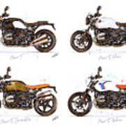 Watercolor Bmw Ninet Motorcycle Models - Oryginal Artwork By Vart. Art Print