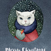 Watercolor Cat Winter Christmas Holiday Art Print