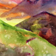 Watercolor Orange Mountain View Painting Art Print