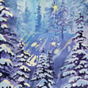 Watercolor - Winter Snowy Forest With Sunburst Art Print