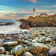 Waves Crashing At Portland Head Light In Maine Art Print