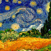 Wheat Field With Cypresses Under A Starry Night - Warm Colors Digital Recreation Art Print