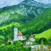 White Church Above Fluelen Switzerland Art Print