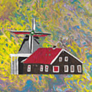 Windmill Amsterdam Skyline Yellow Marbled Background Art Print