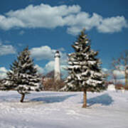 Winter At Wind Point Lighthouse Art Print