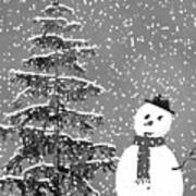 Winter Scene With Snowman 2 Black And White Art Print