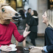 Woman And Horse Face Man With Costume Drinking Coffee In Bar Terrace And Talking Having Fun Art Print