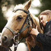 Woman Caring For Horse. Art Print