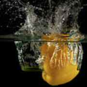 Yellow Bell Pepper Dropped And Slashing On Water Art Print