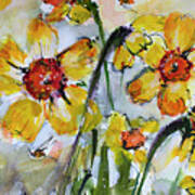 Yellow Daffodils And Bees 3 Watercolor Painting Art Print