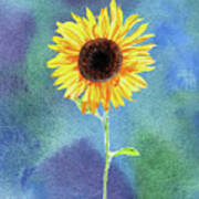 Yellow Flower Happy Sunflower On Blue Emerald Watercolor Iii Art Print
