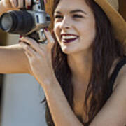 Young Beautiful Traveler Happily Taking Photos With Camera At Ca Art Print