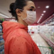 Young Woman Wears Medical Mask Against Virus While Grocery Shopping In Supermarket, Art Print