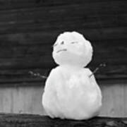 Zen Fence Sitting Mini Snowman Black And White Art Print