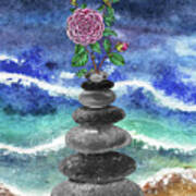 Zen Rocks Cairn Meditative Tower Pink Camellia Flower Watercolor Art Print