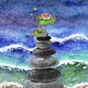 Zen Rocks Cairn Meditative Tower Water Lily Flower Watercolor Art Print