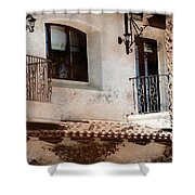 Aged Stucco Building Balcony With Terracotta Roof Shower Curtain Aged Stucco Building Balcony With Terracotta Roof Shower Curtain