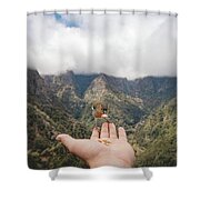 Madeiran Chaffinch Has Flown To The Man's Hand For Food Crumbs Shower Curtain Madeiran Chaffinch Has Flown To The Man's Hand For Food Crumbs Shower Curtain