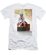 Man Holding A Vintage Leather Suitcase In Winter Snow Kids T-Shirt by Lee  Avison - Fine Art America