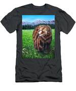 Grizzly Bear In Field Of Flowers Painting Men's T-Shirt (Athletic Fit)