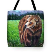 Grizzly Bear In Field Of Flowers Painting Tote Bag