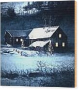 Snow Scene Of A Farmhouse At Night/ Digital Painting Wood Print