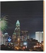 4th Of July Firework Over Charlotte Skyline #1 Wood Print