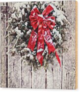 Christmas Wreath On Barn Door #1 Wood Print