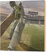 Cricket Batsman Hitting Ball During Cricket Match In Stadium #1 Wood Print