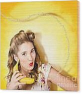 Gossiping Retro Pin Up Girl On Fruit Phone #1 Wood Print