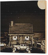 Miniature Log Cabin Scene With Old Vintage Classic 1930 Packard Labaron In Sepia Color #2 Wood Print