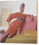 Model Wearing Orange And Striped Dress #1 Wood Print