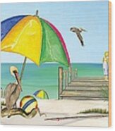 Pelican Under Umbrella #1 Wood Print