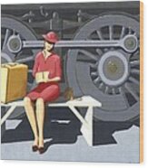 Woman With Locomotive Wood Print
