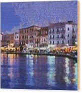 Painting Of The Old Port Of Chania #1 Wood Print