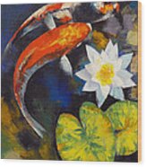 Koi Fish And Water Lily #2 Wood Print