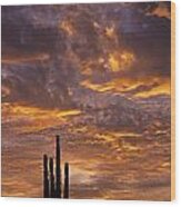Silhouetted Saguaro Cactus Sunset At Dusk With Dramatic Clouds #2 Wood Print