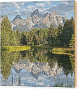 Teton Range Reflected In The Snake River Wood Print
