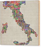 Text Map Of Italy Map Wood Print