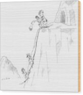 A Caveman And Woman Climb Up A Cliff Wood Print