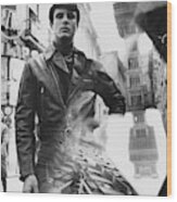 A Male Model Posing In Front Of The Elevator De Wood Print