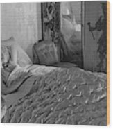 A Model In A Bed With Designer Bedding Wood Print