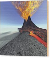 A Volcano Comes To Life With Fire, Smoke And Lava. Wood Print