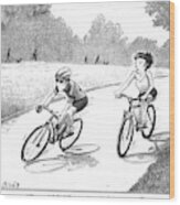 A Woman Casually Riding A Bicycle Addresses A Man Wood Print