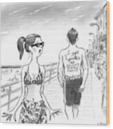 A Woman Passes A Man On The Boardwalk. Tattooed Wood Print