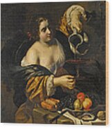 A Young Woman Pouring Red Wine From A Pitcher Into A Glass Wood Print