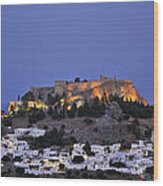 Acropolis And Village Of Lindos During Dusk Time Wood Print
