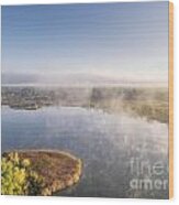 Aerial View Of A Foggy Lake Wood Print