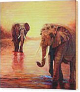 African Elephants At Sunset In The Serengeti Wood Print
